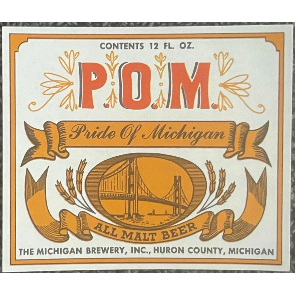 Vintage 1950s - 1960s Pride of Michigan Beer Label, Huron County, MI