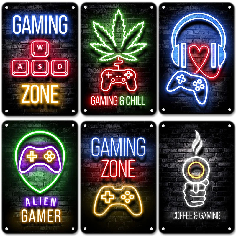 Neon Sign Gaming Gamer Poster Metal Signs Vintage Metal Tin Plate Wall ...